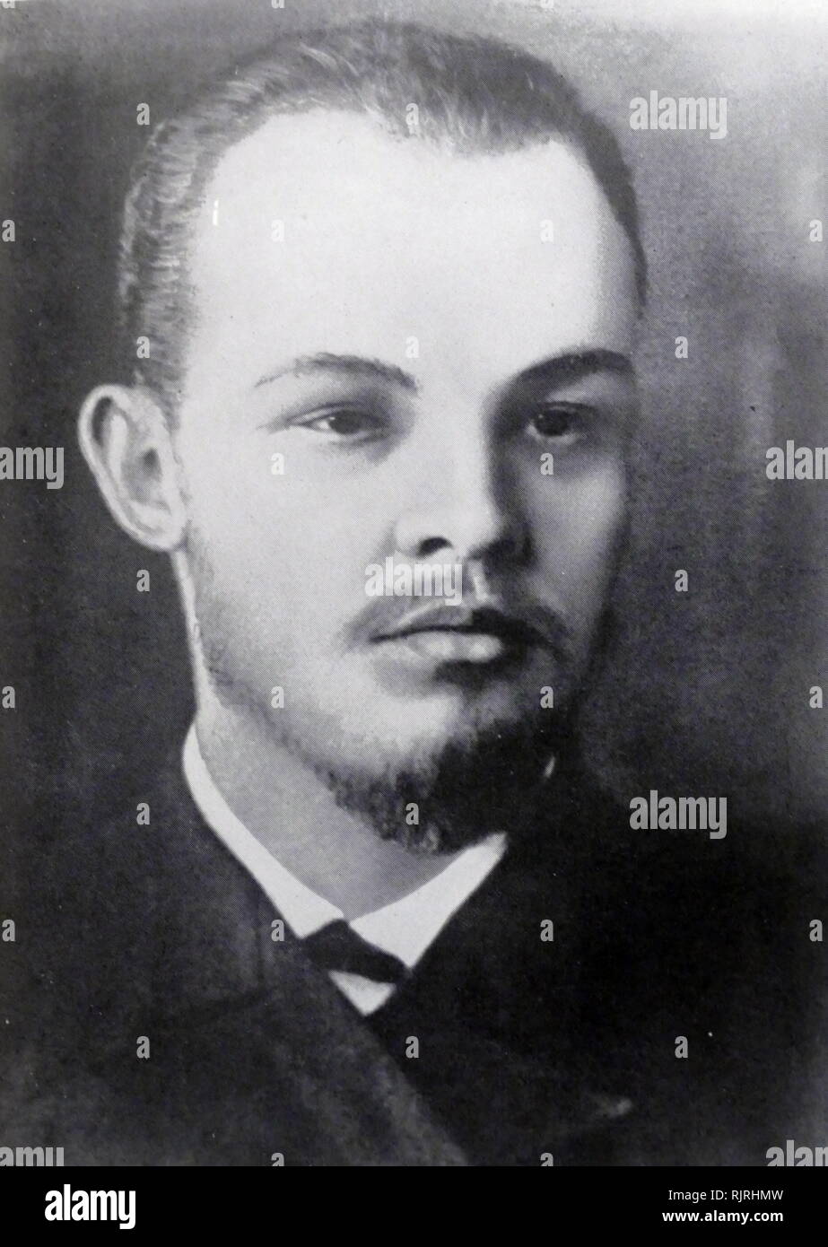 Vladimir Ilyich Ulyanov, known by the alias Lenin (1870 - 1924), Russian communist revolutionary, politician and political theorist. He served as head of government of Soviet Russia from 1917 to 1924 and of the Soviet Union from 1922 to 1924. Under his administration, Russia and then the wider Soviet Union became a one-party communist state governed by the Russian Communist Party. Ideologically a Marxist, he developed political theories known as Leninism. Stock Photo