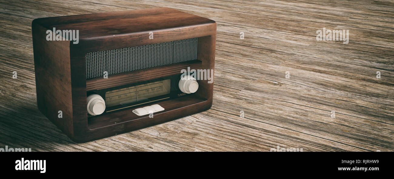 Vintage Retro Radio Radio Old Fashioned On Wooden Floor