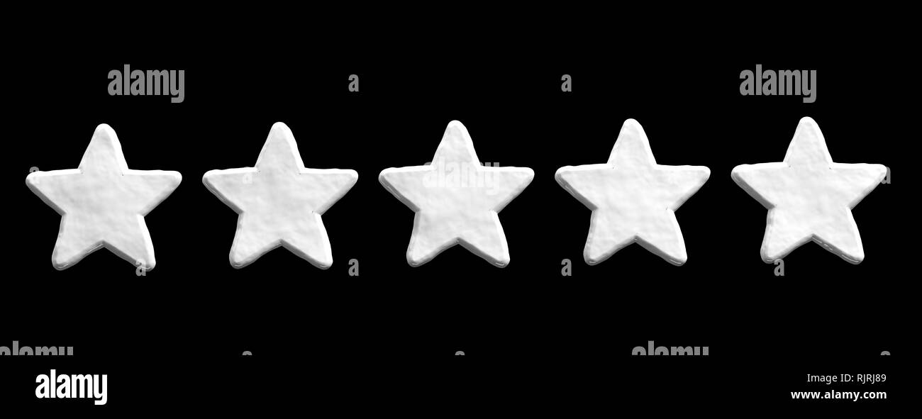 5 stars ranking, customer feedback concept. Five white stars isolated on black background, banner. 3d illustration Stock Photo