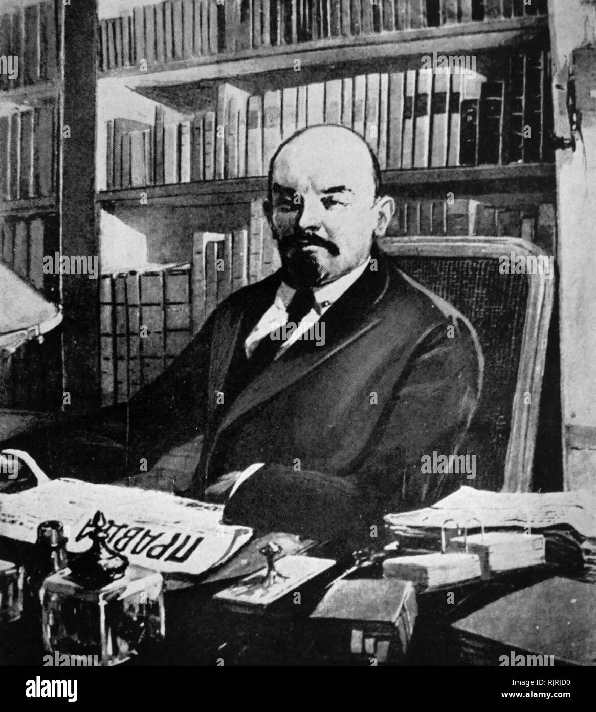 Vladimir Ilyich Ulyanov, known by the alias Lenin (1870 - 1924), Russian communist revolutionary, politician and political theorist. He served as head of government of Soviet Russia from 1917 to 1924 and of the Soviet Union from 1922 to 1924. Under his administration, Russia and then the wider Soviet Union became a one-party communist state governed by the Russian Communist Party. Ideologically a Marxist, he developed political theories known as Leninism. Stock Photo