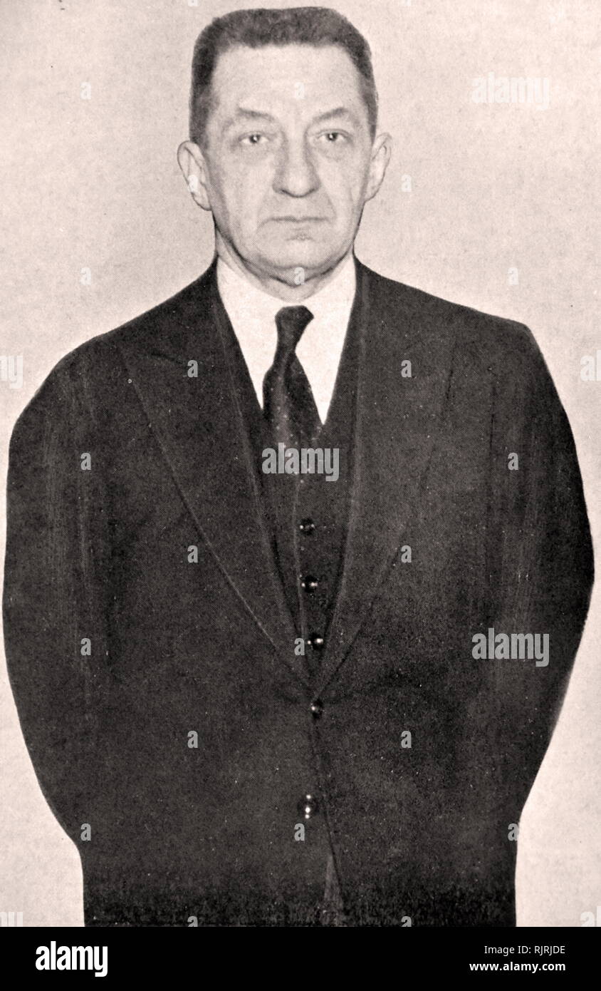 Alexander Fyodorovich Kerensky (1881 - 1970); Russian lawyer and revolutionary. After the February Revolution of 1917 he joined the newly formed Russian Provisional Government, first as Minister of Justice, then as Minister of War, and after July as the government's second Minister-Chairman. On 7 November 1917, his government was overthrown by the Lenin-led Bolsheviks in the October Revolution. He spent the remainder of his life in exile, in Paris and New York City, and worked for the Hoover Institution. Stock Photo