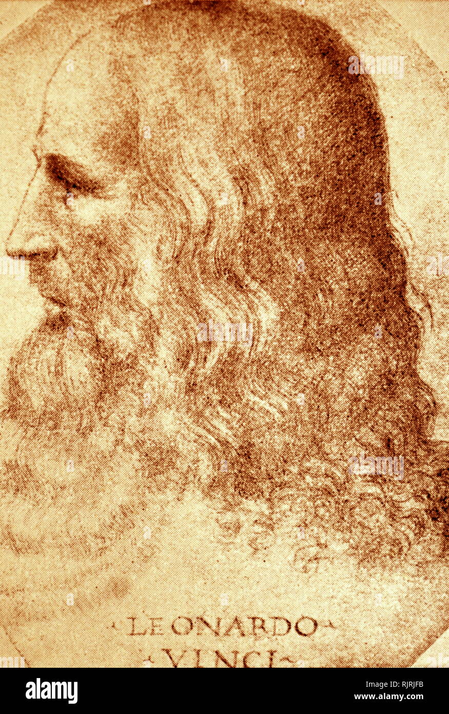 Portrait of Leonardo da Vinci; 1510. By Francesco Melzi (1491-1568); red chalk on paper. Leonardo da Vinci (1452 - 1519), Italian polymath of the Renaissance, whose areas of interest included invention, painting, sculpting, architecture, science, music, mathematics, engineering, literature, anatomy, geology, astronomy, botany, writing, history, and cartography. Stock Photo