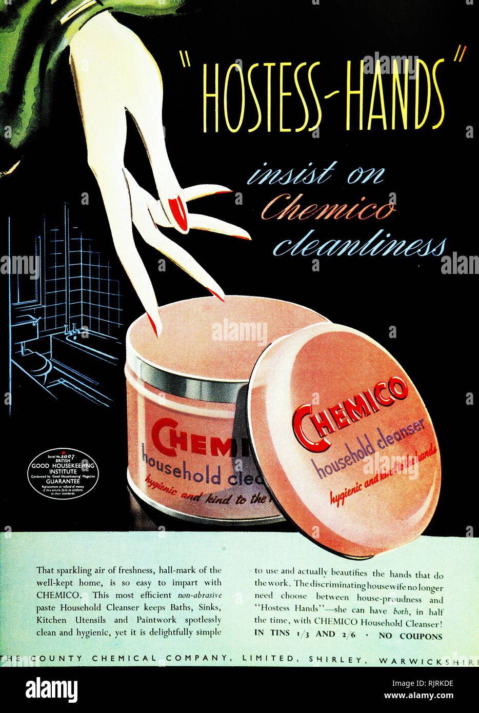 Advertisement for 'Chemico' bathroom and kitchen tile and ceramics cleaner, for domestic use. 1948 Stock Photo