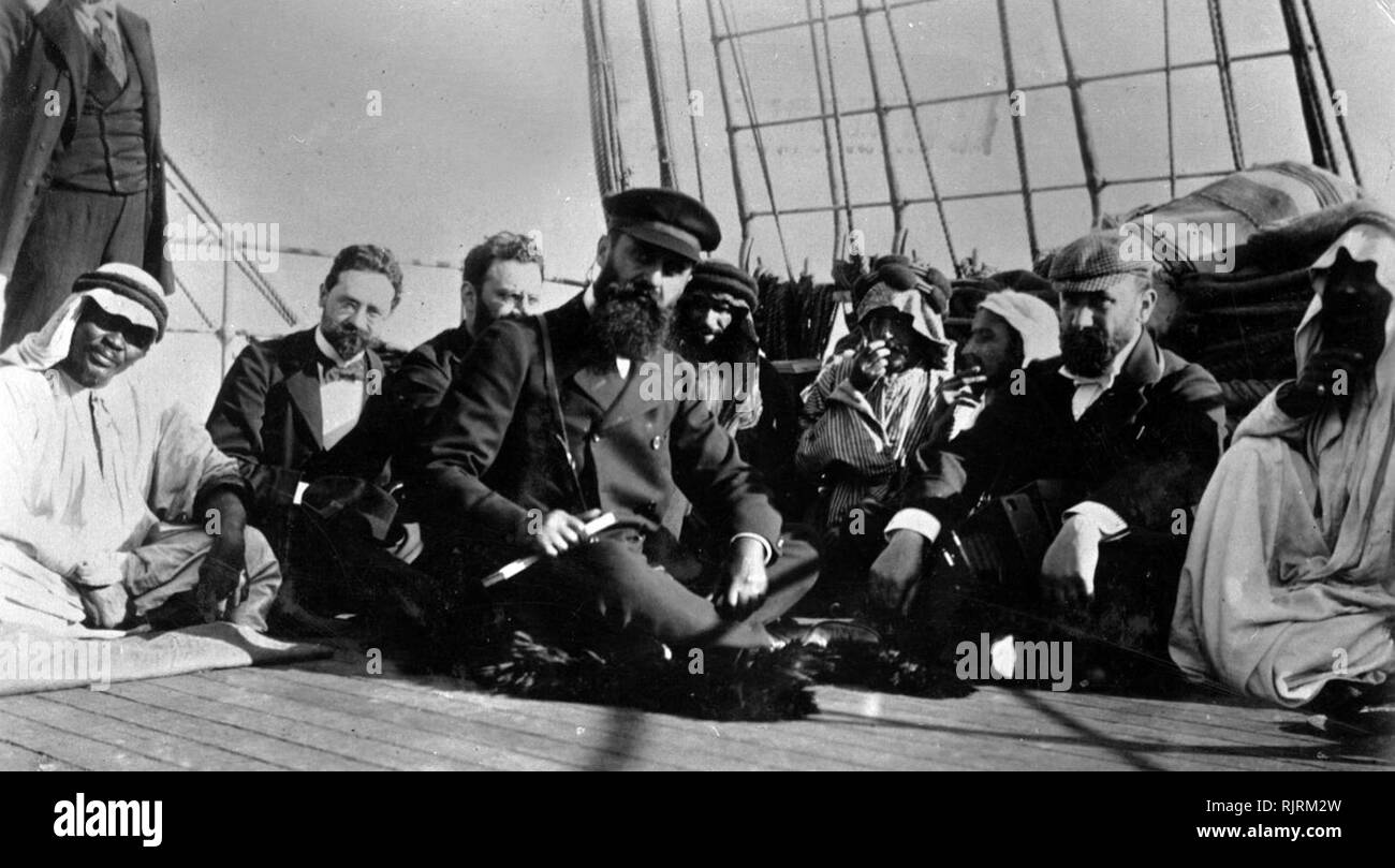 Herzl on a boat sailing to Palestine; 1898. Theodor Herzl (1860 - 1904), Austro-Hungarian journalist, playwright, political activist, and writer who was the father of modern political Zionism. Herzl formed the Zionist Organization and promoted Jewish immigration to Palestine in an effort to form a Jewish state. Though he died before its establishment, he is known as the father of the State of Israel. Stock Photo