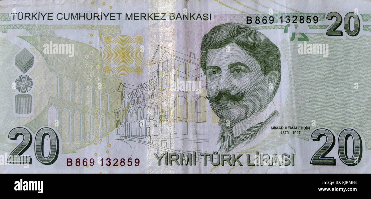 20 Lira Turkish banknote depicting, Ahmet Kemalettin or Kemaleddin (1870-1927), Turkish architect of the very late period of the Ottoman architecture and the early years of the newly established Republic Stock Photo