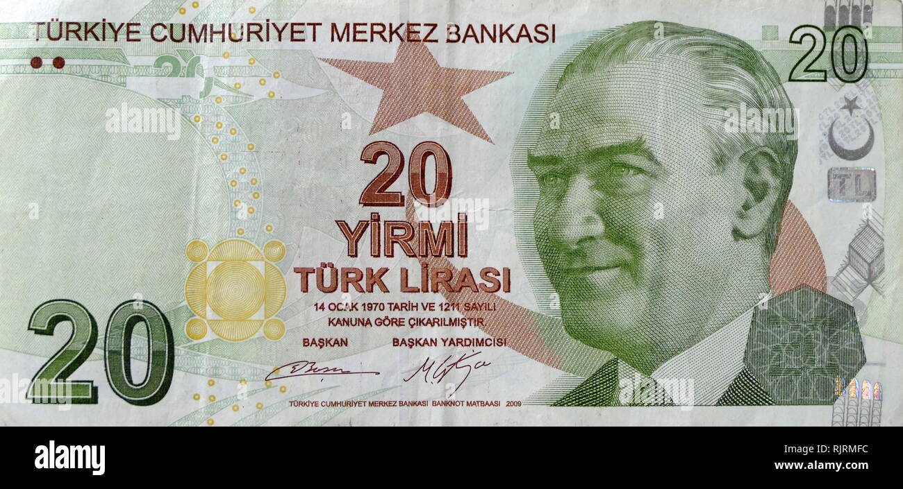 20 Lira Turkish banknote depicting, Kemal Ataturk first President of Turkey Stock Photo