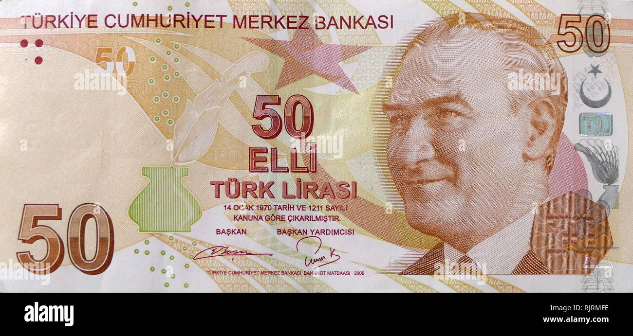 50 Lira Turkish banknote depicting, Kemal Ataturk first President of Turkey Stock Photo