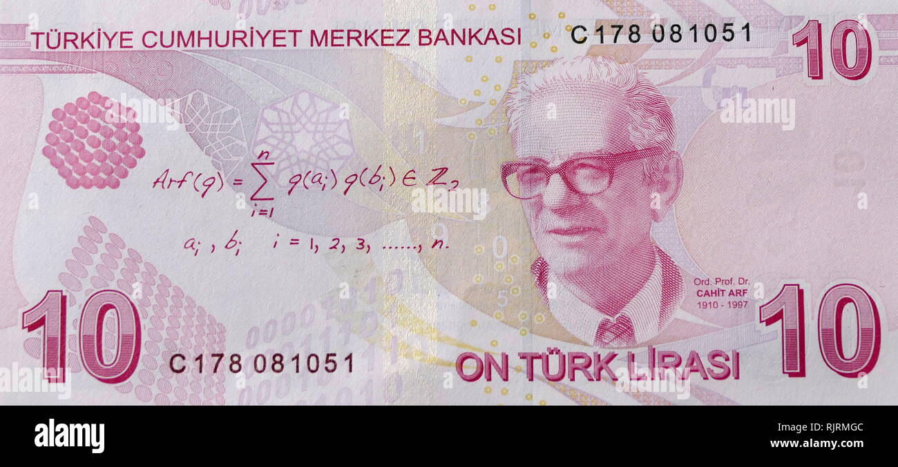 Reverse of the 10 Lira Turkish banknote depicting Cahit Arf (1910 - 1997), a Turkish mathematician. The Turkish lira is the currency of Turkey and the self-declared Turkish Republic of Northern Cyprus. Stock Photo