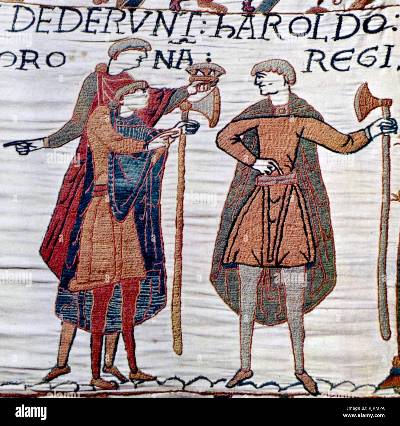 Episode from the Bayeux Tapestry, an embroidered cloth nearly 70 metres (230 ft) long, which depicts the events leading up to the Norman conquest of England, culminating in the Battle of Hastings, in 1066. It is thought to date to the 11th century, within a few years after the battle. It tells the story from the point of view of the conquering Normans. Stock Photo