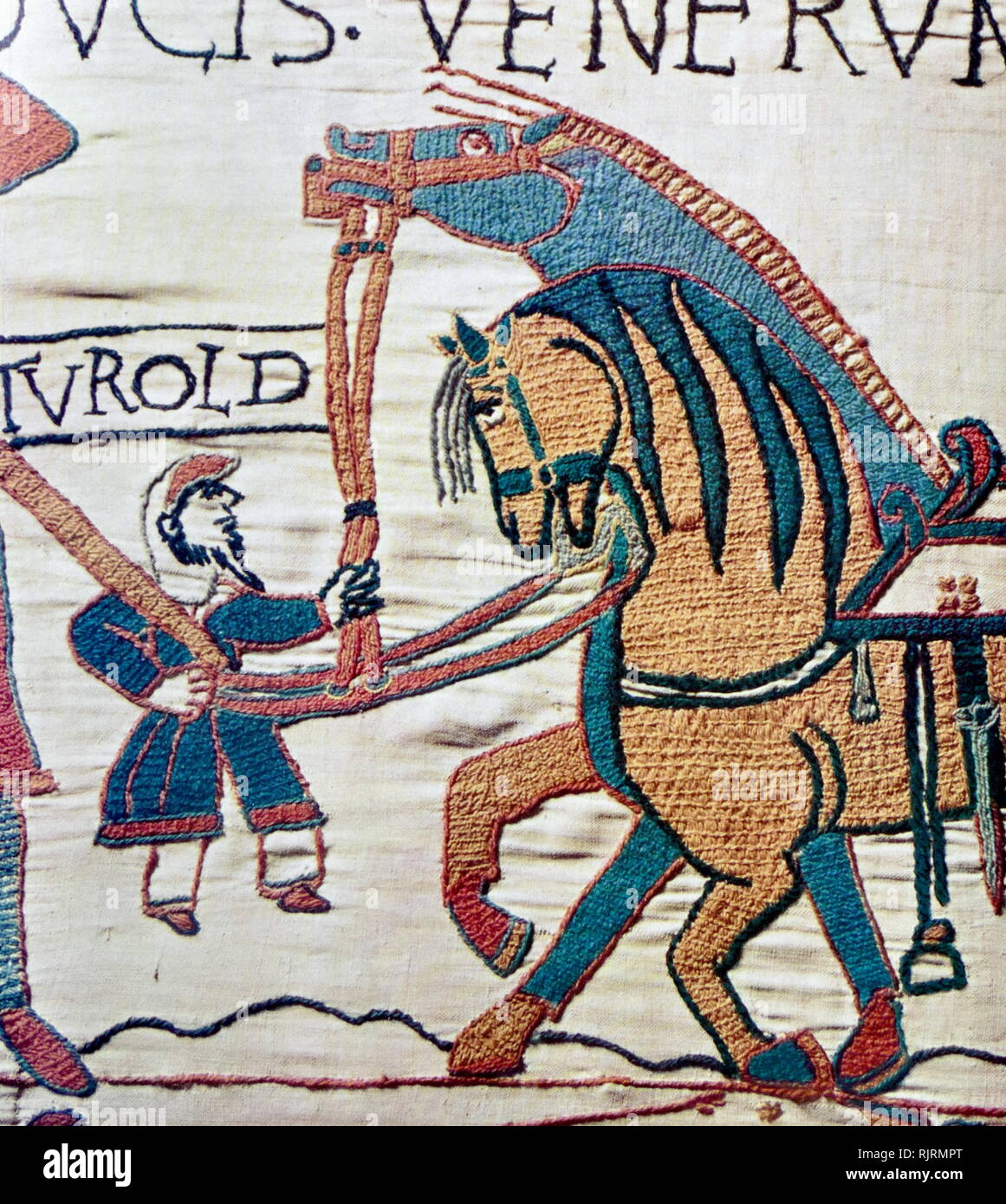 Episode from the Bayeux Tapestry, an embroidered cloth nearly 70 metres (230 ft) long, which depicts the events leading up to the Norman conquest of England, culminating in the Battle of Hastings, in 1066. It is thought to date to the 11th century, within a few years after the battle. It tells the story from the point of view of the conquering Normans. Stock Photo