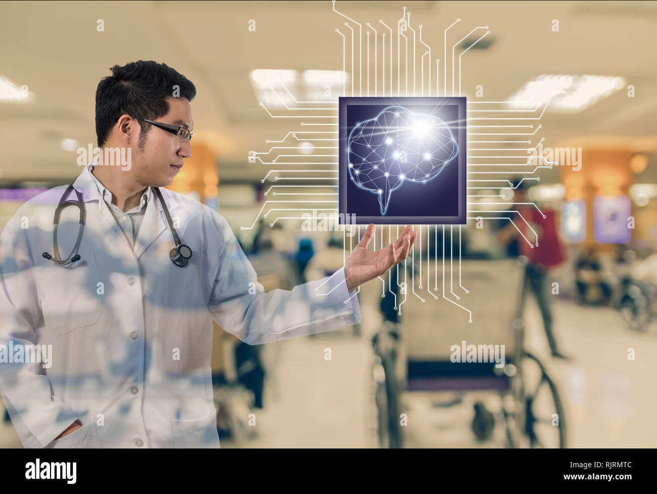 Asian Doctor with the stethoscope equipment hand holding the Artificial intelligence of brain