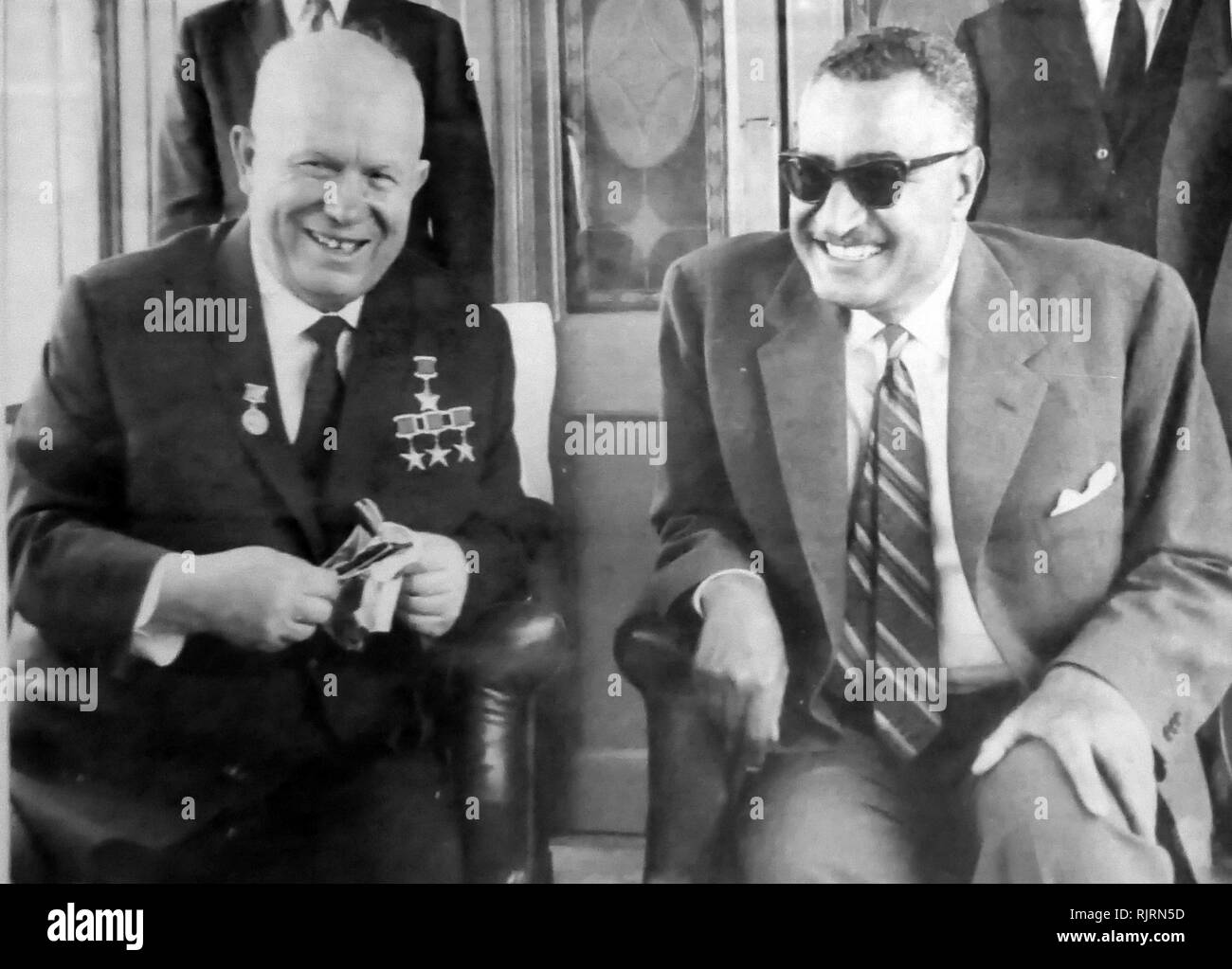 Soviet leader, Nikita Khrushchev with Gamal Abdel Nasser, 1960. Nasser was President of Egypt, from 1956 until his death in 1970. Nasser led the 1952 overthrow of the monarchy and introduced far-reaching land reforms the following year Stock Photo