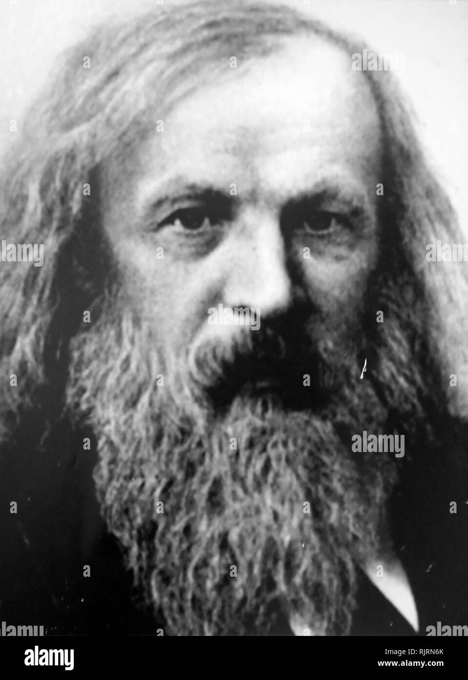 Dmitri Ivanovich Mendeleev (1834 - 1907); Russian chemist and inventor. He formulated the Periodic Law, created a farsighted version of the periodic table of elements, and used it to correct the properties of some already discovered elements and also to predict the properties of eight elements yet to be discovered. Stock Photo