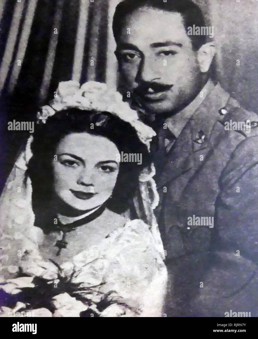 Marriage of Jehan and Anwar Sadat, 1949. Muhammad Anwar el-Sadat (1918 - 1981), President of Egypt, serving from 15 October 1970 until his assassination by fundamentalist army officers on 6 October 1981. Sadat was a senior member of the Free Officers who overthrew King Farouk in the Egyptian Revolution of 1952, and a close confidant of President Gamal Abdel Nasser, under whom he served as Vice President twice and whom he succeeded as President in 1970. Stock Photo