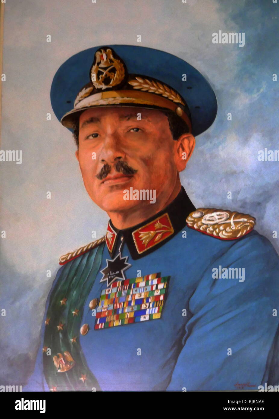 Muhammad Anwar el-Sadat (1918 - 1981), President of Egypt, serving from 15 October 1970 until his assassination by fundamentalist army officers on 6 October 1981. Sadat was a senior member of the Free Officers who overthrew King Farouk in the Egyptian Revolution of 1952, and a close confidant of President Gamal Abdel Nasser, under whom he served as Vice President twice and whom he succeeded as President in 1970. Stock Photo