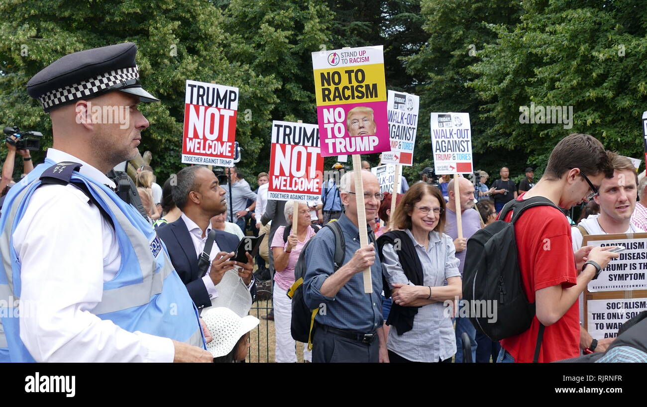 Protest, around the American Ambassador's Residence in London, for the visit to the United Kingdom by President of the United States Donald Trump; July 2018. Stock Photo