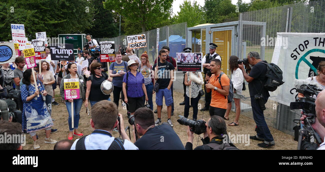 Protest, around the American Ambassador's Residence in London, for the visit to the United Kingdom by President of the United States Donald Trump; July 2018. Stock Photo