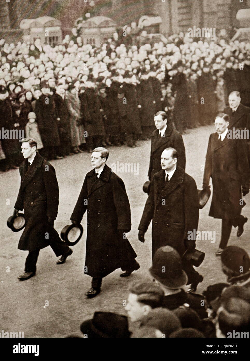 Funeral of King George V (1936); King of the United Kingdom and the British Dominions, and Emperor of India, from 6 May 1910 until his death in 1936. the four sons of the late king (King Edward VIII, the Duke of York, the Duke of Gloucester and the Duke of Kent) take part in the state funeral. Stock Photo