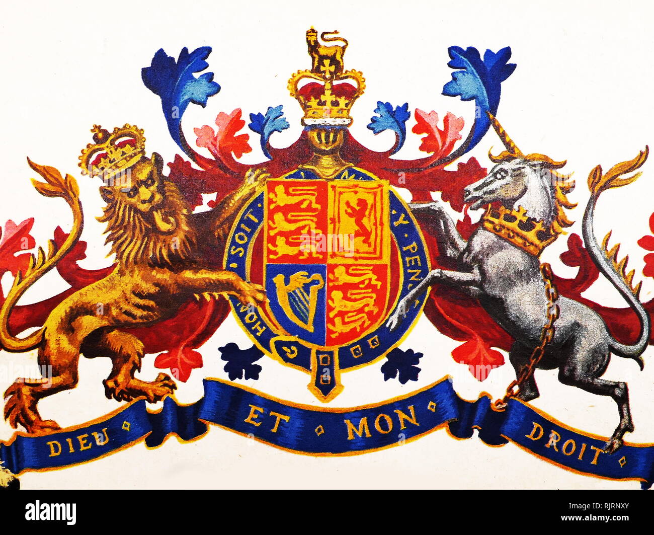 shield of the 'English' (non-Scottish) version of the Royal coat of arms of the United Kingdom. Dieu et mon Droit (God and my right) is the motto of the Monarch of the United Kingdom, outside Scotland. The motto is said to have first been used by Richard I (1157-1199) Stock Photo