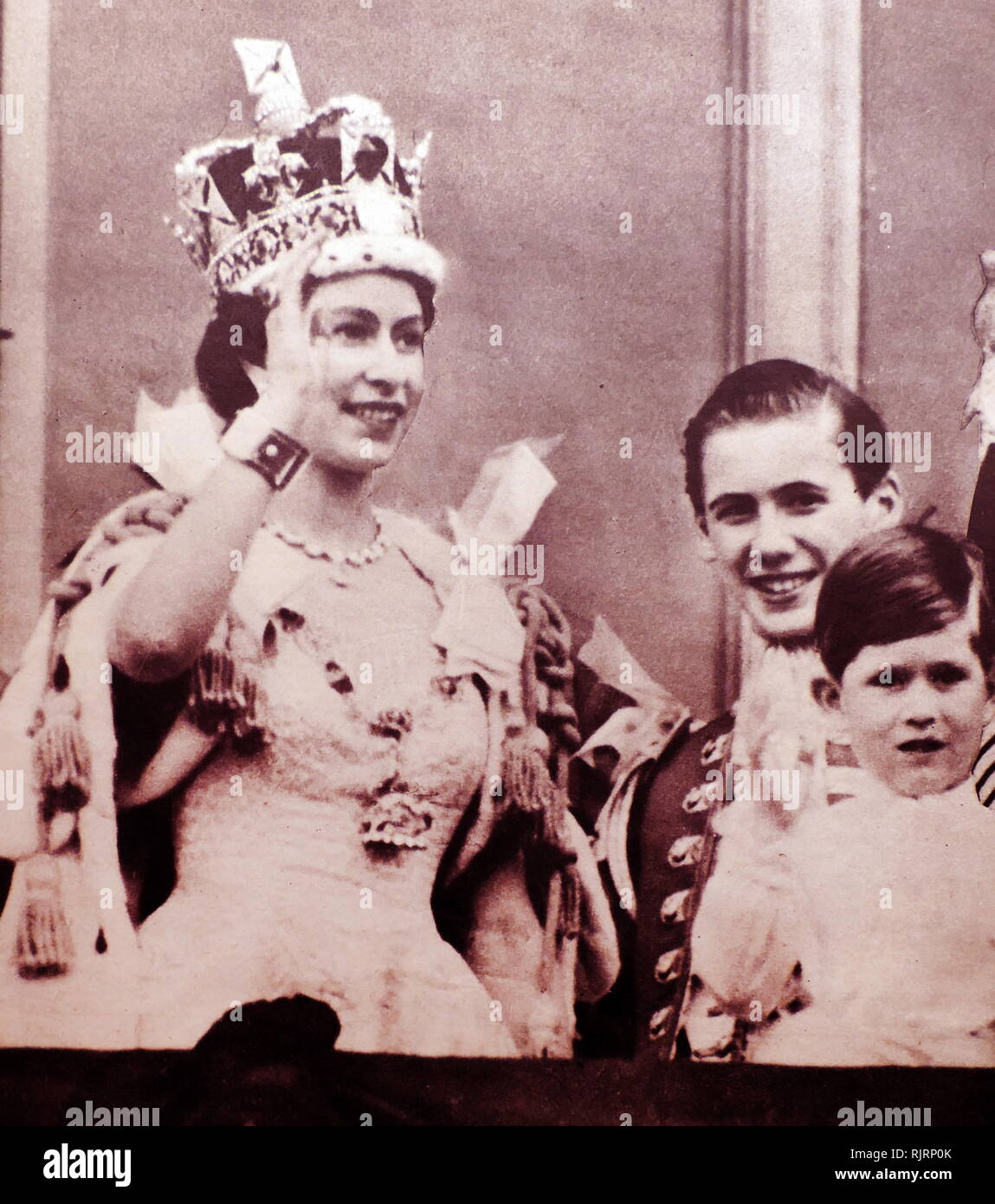 Buckingham Palace balcony; Coronation day 1953. The Queen and Prince Charles Stock Photo