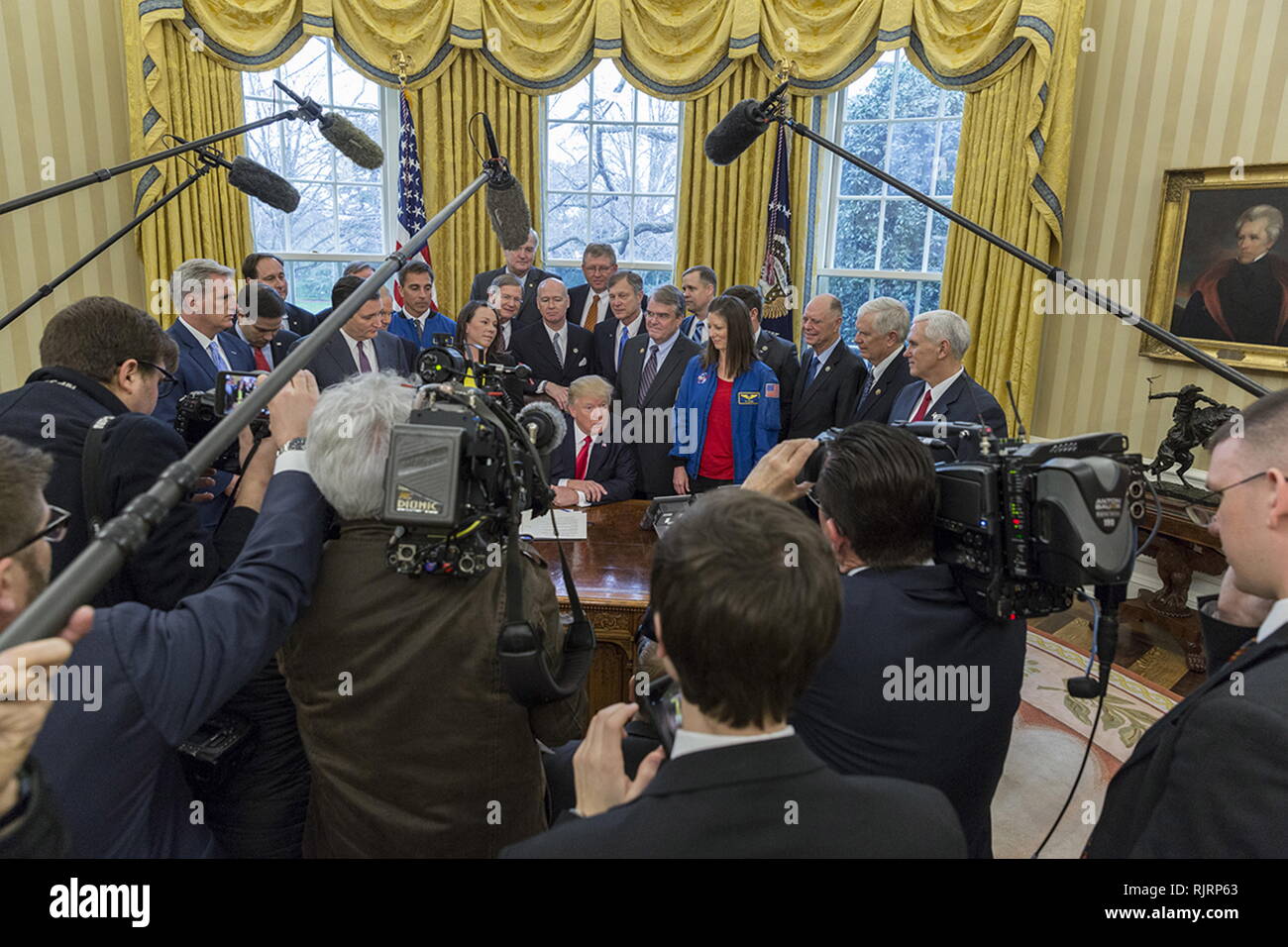 President Donald Trump in the White House March 21, 2017, before signing the National Aeronautics and Space Administration Transition Authorization Act Stock Photo