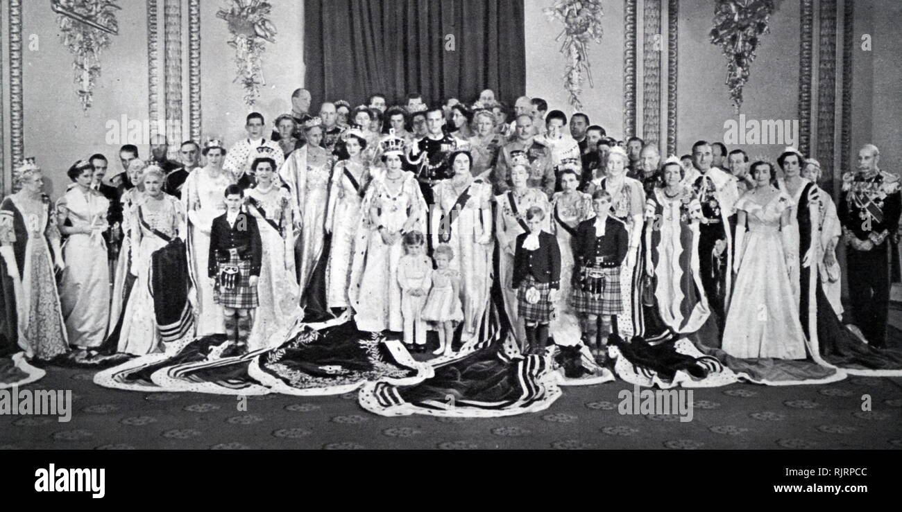 The coronation of Elizabeth II of the United Kingdom, took place on 2 June 1953 at Westminster Abbey, London. family group at Buckingham Palace. (Left to right) Prince Michael, the Duke of Kent, the Duchess of Kent, Crown Princess Marthe of Norway, Crown Prince Olaf of Norway, Princess Margaret, the Queen, the Duke of Edinburgh, Prince Charles, Princess Anne, Queen Elizabeth the Queen Mother, the Earl of Athlone, the Duke of Gloucester, the Princess Royal, the Earl of Harewood, Prince Richard, the Duchess of Gloucester, Prince William, and Princess Alice Countess of Athlone.&#13;&#10; Stock Photo