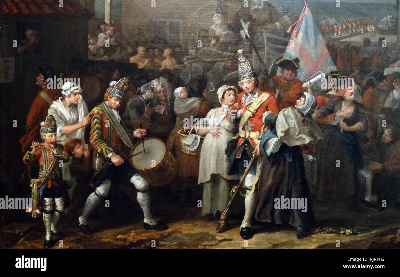 The March of the Guards to Finchley, 1750, (detail), oil-on-canvas painting by English artist William Hogarth. The painting is a depiction of a fictional mustering of troops on the Tottenham Court Road to march north to Finchley to defend the capital from the second Jacobite rebellion of 1745, which was part of a series of uprisings that had been occurring since the late 17th century and were aimed at returning the Stuart Dynasty to the throne after the Glorious Revolution of 1688 Stock Photo