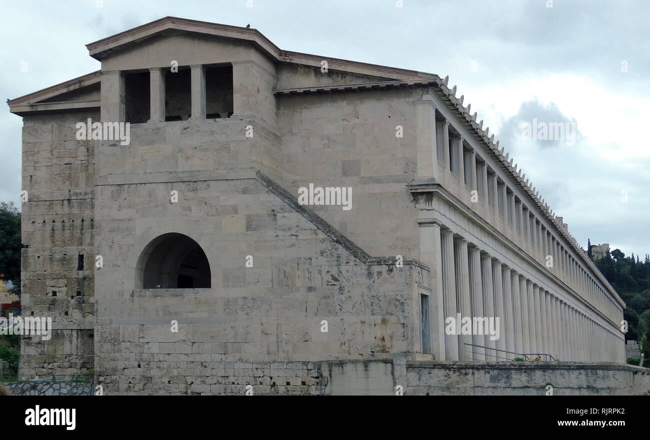 The Stoa of Attalus (also spelled Attalus), a covered walkway or portico, in the Agora of Athens, Greece. It was built by and named after King Attalus II of Pergamon, who ruled between 159 BC and 138 BC. The current building was reconstructed in 1952-1956 Stock Photo