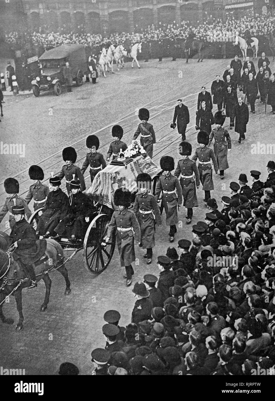 Funeral of King George V (1936); King of the United Kingdom and the British Dominions, and Emperor of India, from 6 May 1910 until his death in 1936. the four sons of the late king (King Edward VIII, the Duke of York, the Duke of Gloucester and the Duke of Kent) take part in the state funeral. Stock Photo