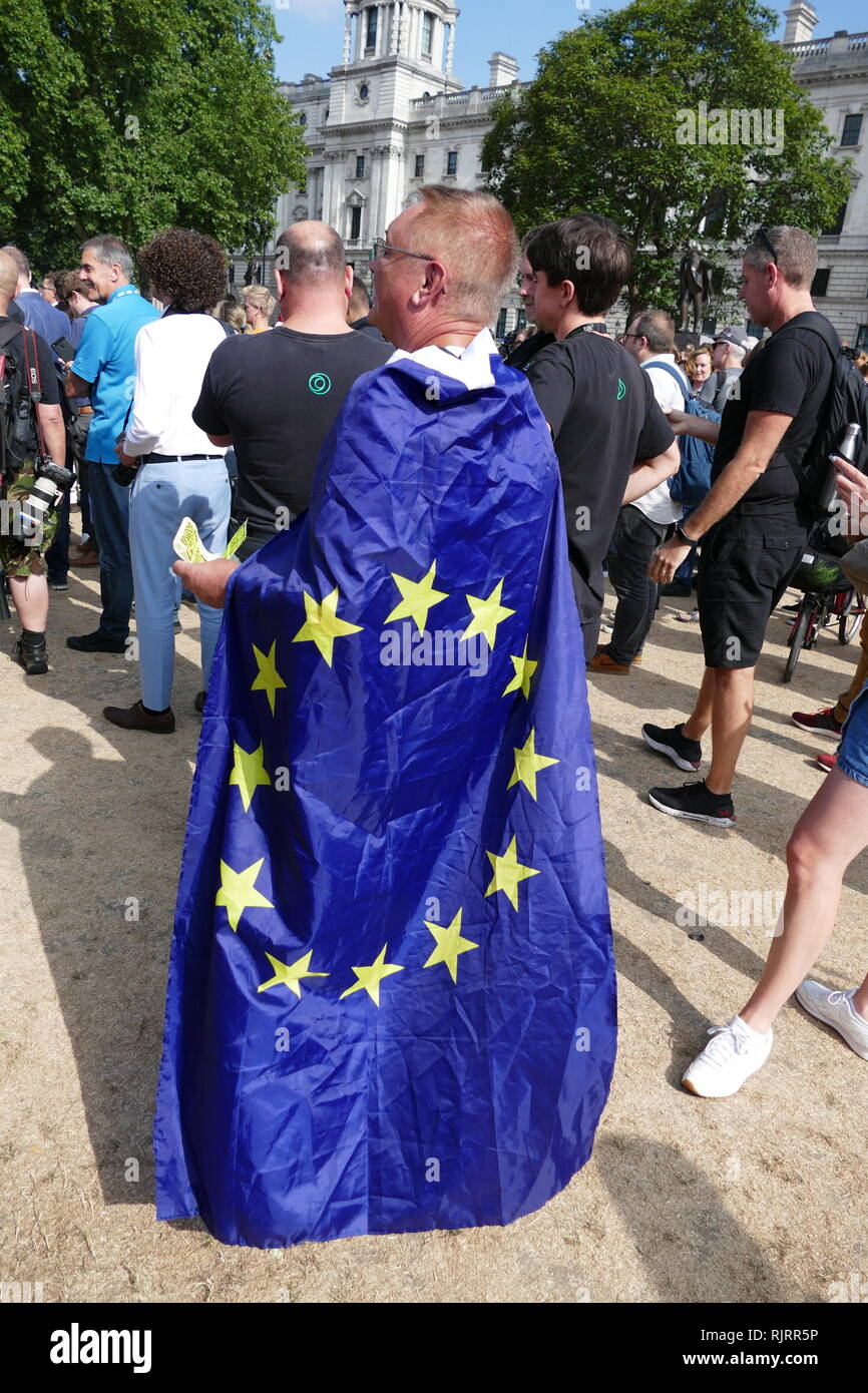 Anti-Brexit protester wrapped in EU flag; London; England 2018 Stock Photo