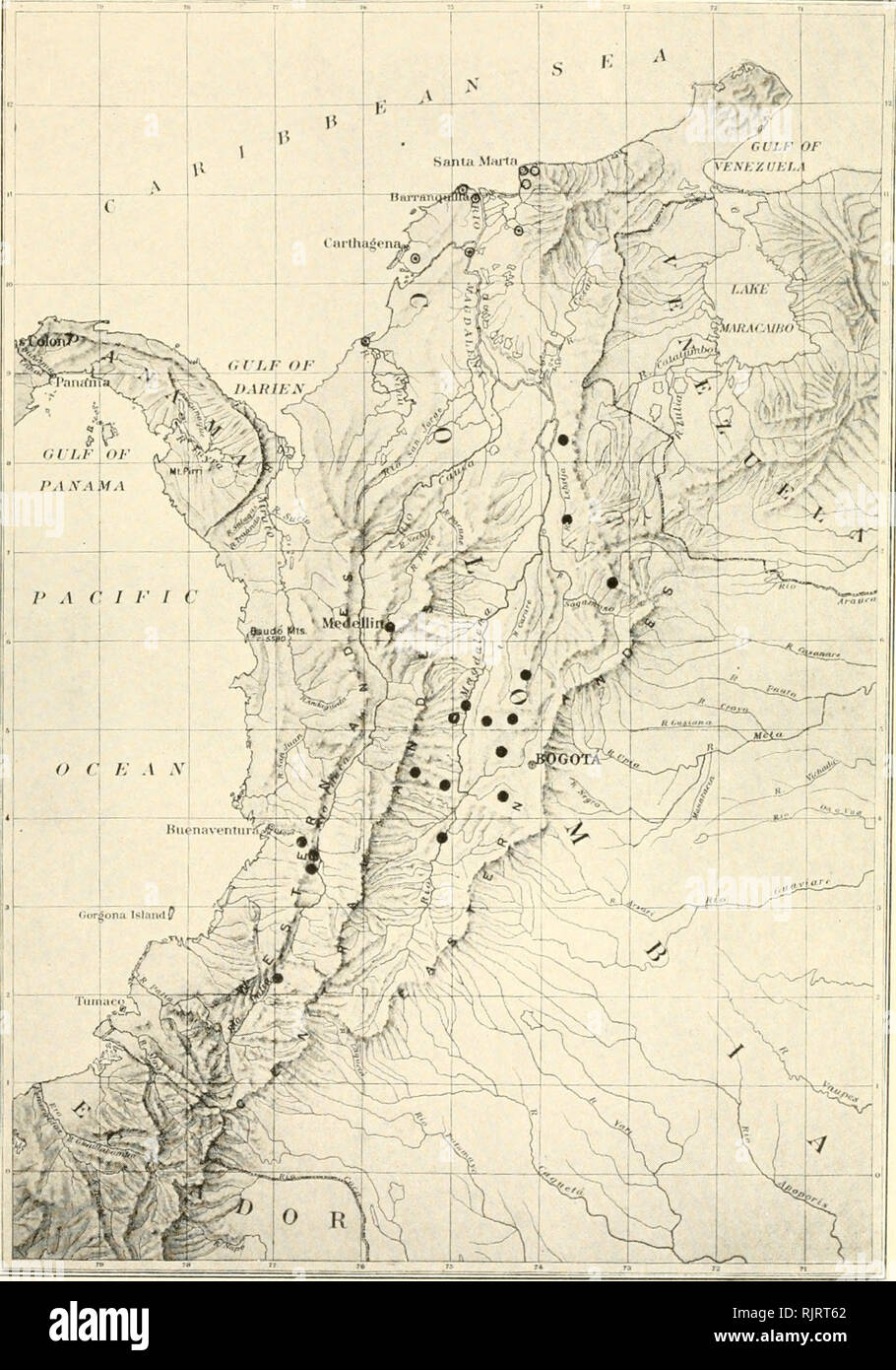 . The Auk. Birds. The Auk, Vol. XXXVII Plate VI.. Distribution of Eupsychortyx in Colombia • E. leucopogon leucotis, O E. 1. decoratus, O E. I. littoralis.. Please note that these images are extracted from scanned page images that may have been digitally enhanced for readability - coloration and appearance of these illustrations may not perfectly resemble the original work.. American Ornithologists' Union. Washington, D. C. : American Ornithologists' Union, etc. Stock Photo