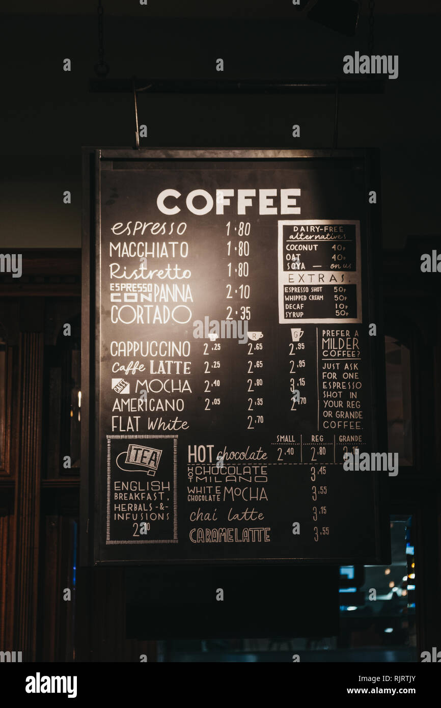 London, UK - January 26, 2019: Coffee Menu inside Cafe Nero, a British European style coffee house brand headquartered in London, England, UK. Stock Photo