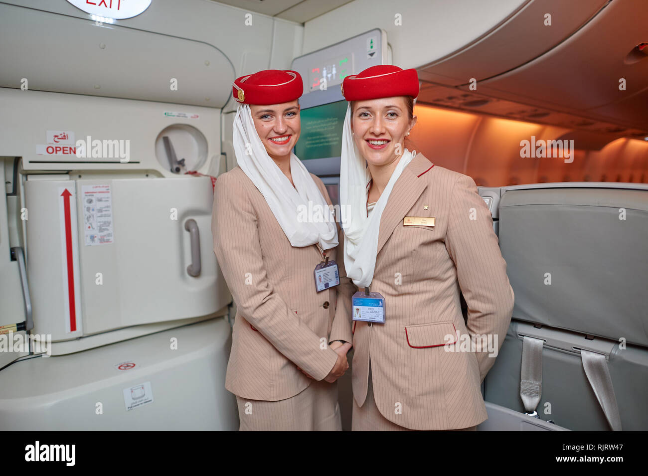 HONG KONG DECEMBER 10, 2014 Emirates crew members on board of Airbus