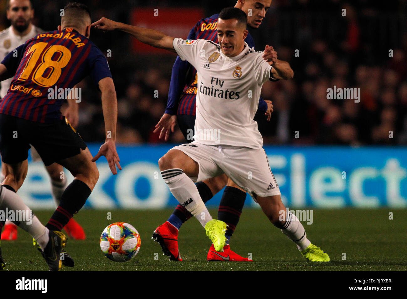 Spain La Copa, Semi finals, First Leg, FC Barcelona vs. Real Madrid, reporting live during the game -- Lucas Vazquez Spanish winger for Real Madrid duels for a ball during the game Stock Photo