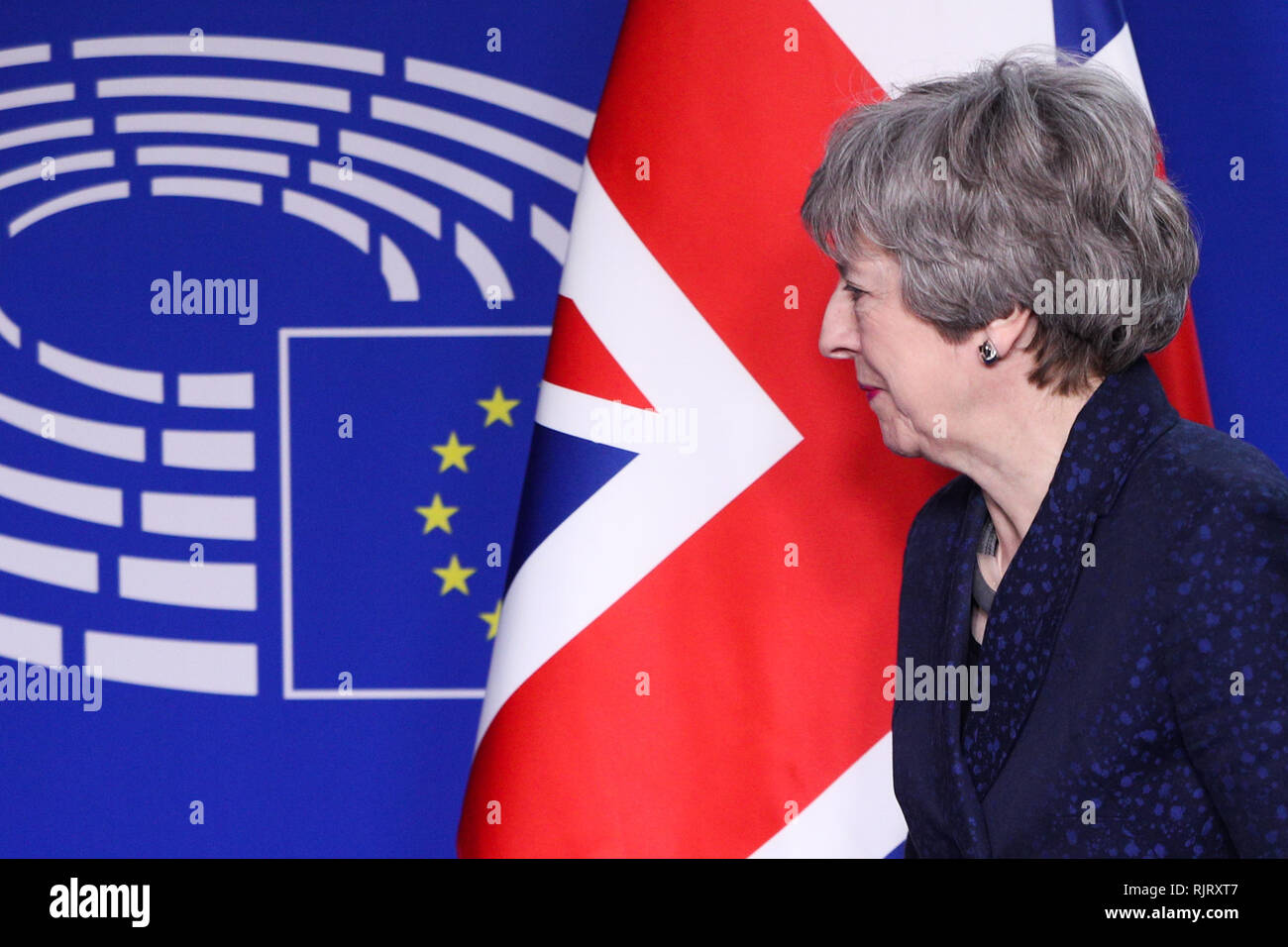 Brussels, Belgium. 7th Feb, 2019. British Prime Minister Theresa May arrives for a meeting with European Parliament President Antonio Tajani at the European Parliament in Brussels, Belgium, Feb. 7, 2019. May arrived in Brussels earlier Thursday to meet Tajani for further talks on Brexit concessions despite the EU's repeated refusal to renegotiate. Credit: Zheng Huansong/Xinhua/Alamy Live News Stock Photo