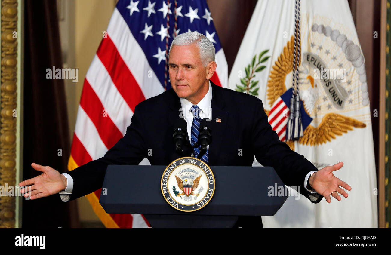 Washington DC, USA. 7th Feb 2019. Vice President Mike Pence delivers remarks to High Intensity Drug Trafficking Area (HIDA) directors and deputy directors in the Indian Treaty Room of the Eisenhower Executive Office Building on the White House grounds, Washington, DC, February 7, 2019. Credit: Martin H. Simon/CNP /MediaPunch Credit: MediaPunch Inc/Alamy Live News Stock Photo