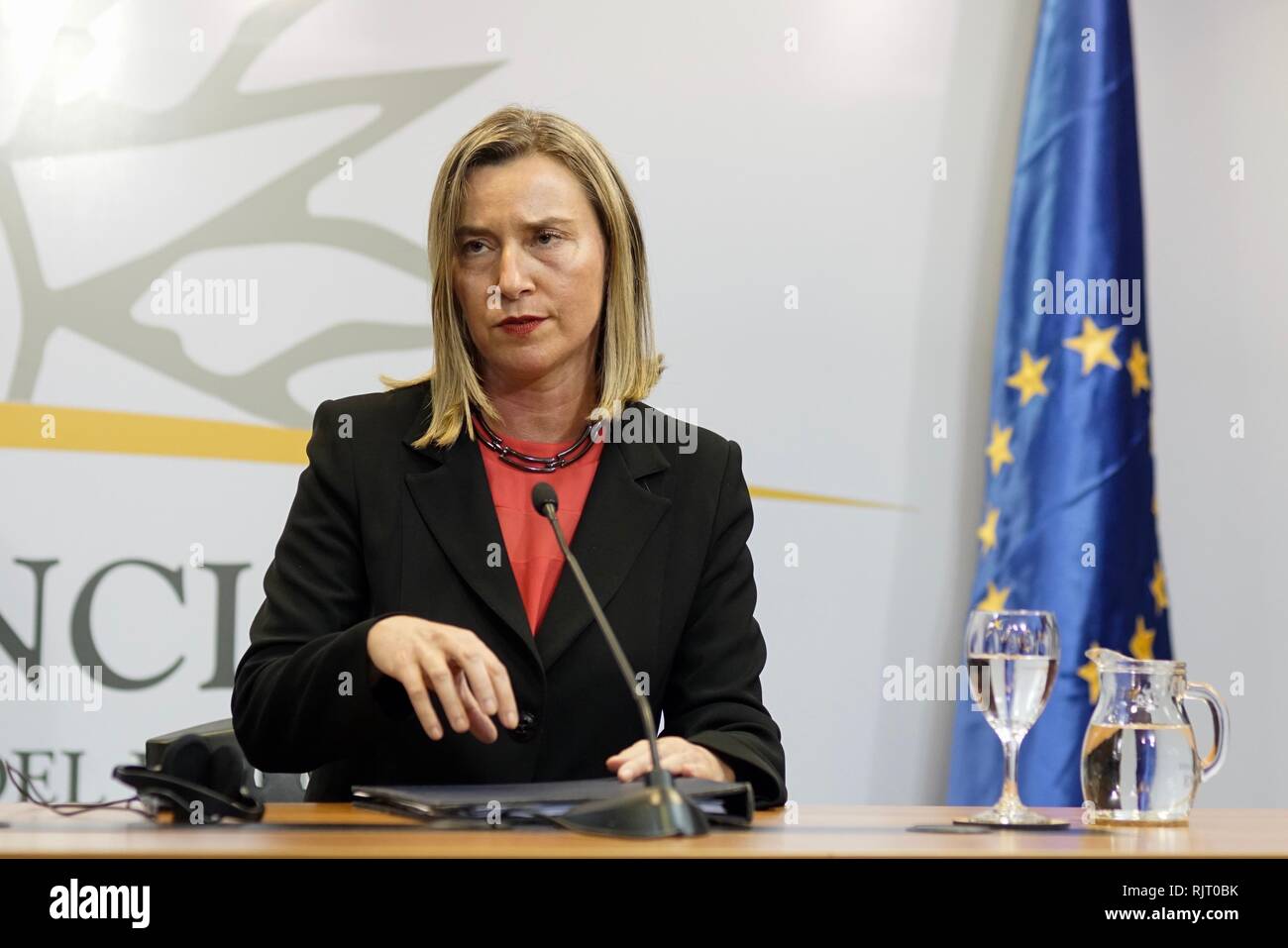 Montevideo, Uruguay. 07th Feb, 2019. Federica Mogherini, EU External Action Representative, spoke on the crisis in Venezuela at a joint press conference with Uruguay's Foreign Minister Nin Novoa after a meeting of European and Latin American representatives. Credit: Pablo Albarenga/dpa/Alamy Live News Stock Photo