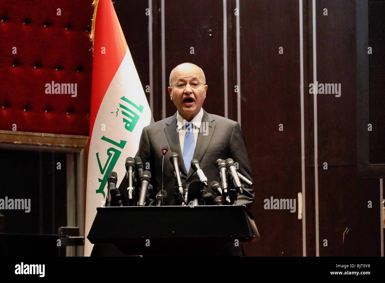 Baghdad, Iraq. 7th Feb, 2019. Iraqi President Barham Salih speaks at the opening ceremony of the Baghdad International Book Fair 2019, in Baghdad, Iraq, Feb. 7, 2019. The fair kicked off Thursday with the participation of hundreds of publishers and high attendance of readers, as it sheds more light on eradicating terror and extremism in the war-torn country. Credit: Khalil Dawood/Xinhua/Alamy Live News Stock Photo