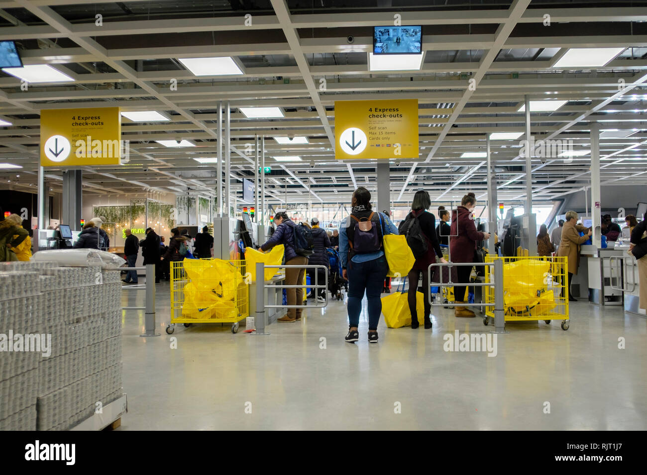 London, UK. 7th February 2019. Swedish furniture and household goods company IKEA opens its new store in Greenwich, South East London. The new store becomes the fourth to be opened in the London area and is claimed to be the most environmentally sustainable of the company's outlets in the UK. Pictured: Check-out area of IKEA Greenwich store. Credit: mark phillips/Alamy Live News Stock Photo