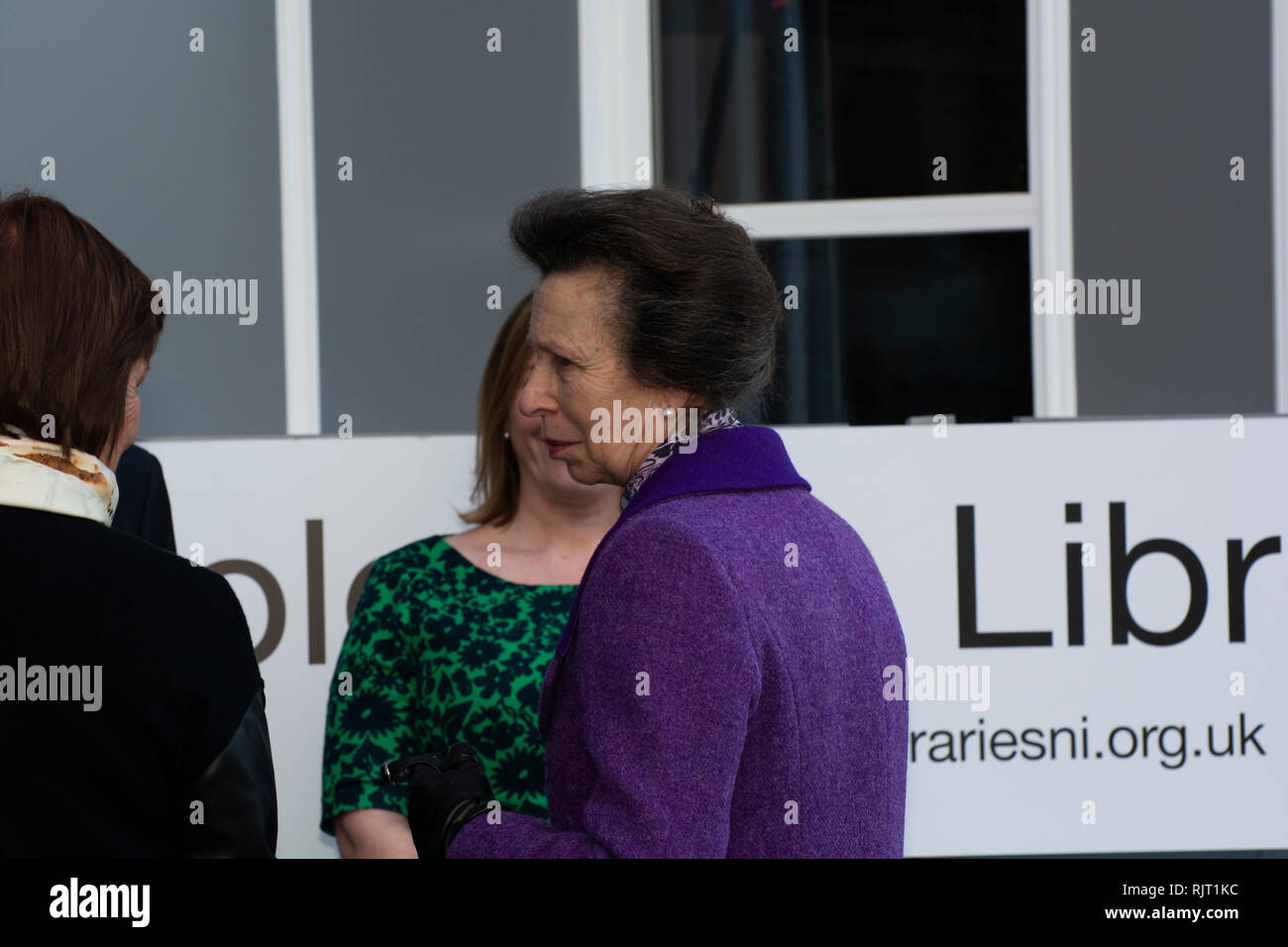 Queen Street Coleraine, Co Londonderry, Northern Ireland Thursday 7th February 2019. HRH Princess Anne attends the opening of Coleraine Library as part of a one day visit to Northern Ireland Credit: Brian Wilkinson/Alamy Live News Stock Photo