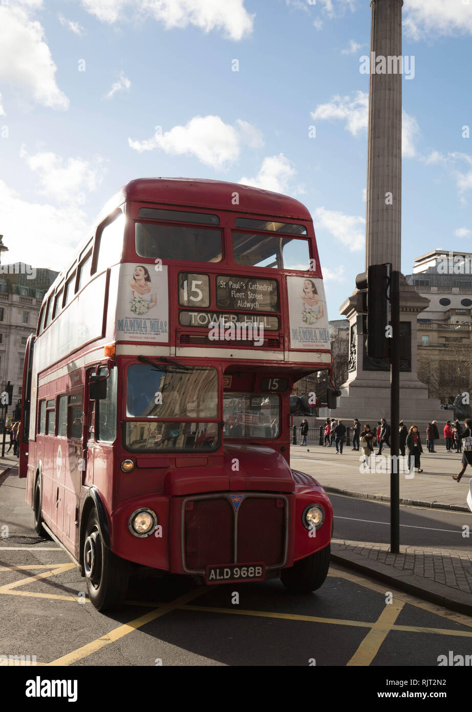 London, UK. 7th February 2019. Heritage Bus of Route 15, here near Trafalgar Square, London, will stop running as from the 2nd March 2019, after many years of service. Credit: Joe Kuis / Alamy Live News Stock Photo