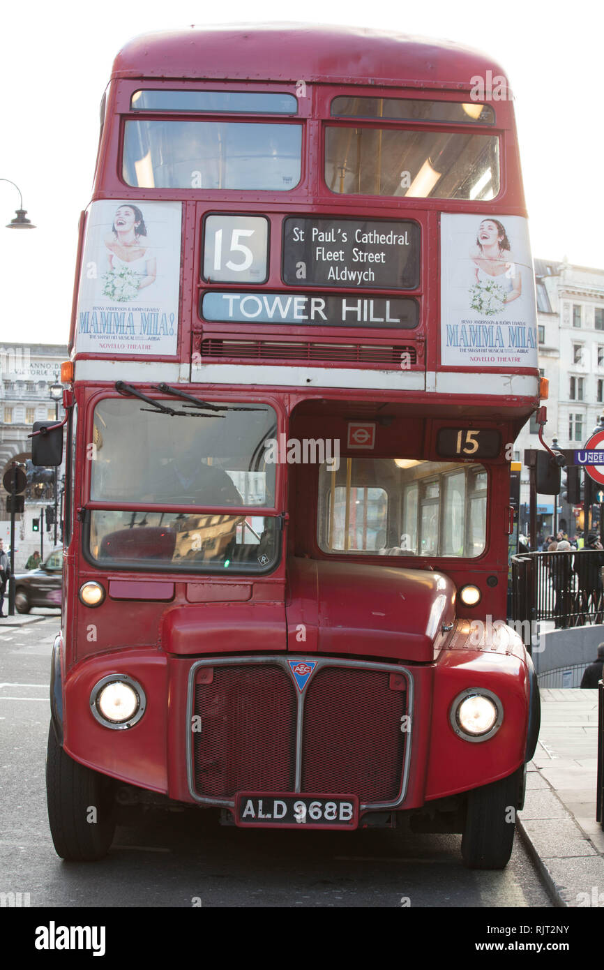 London, UK. 7th February 2019. Heritage Bus of Route 15, here near Trafalgar Square, London, will stop running as from the 2nd March 2019, after many years of service. Credit: Joe Kuis / Alamy Live News Stock Photo