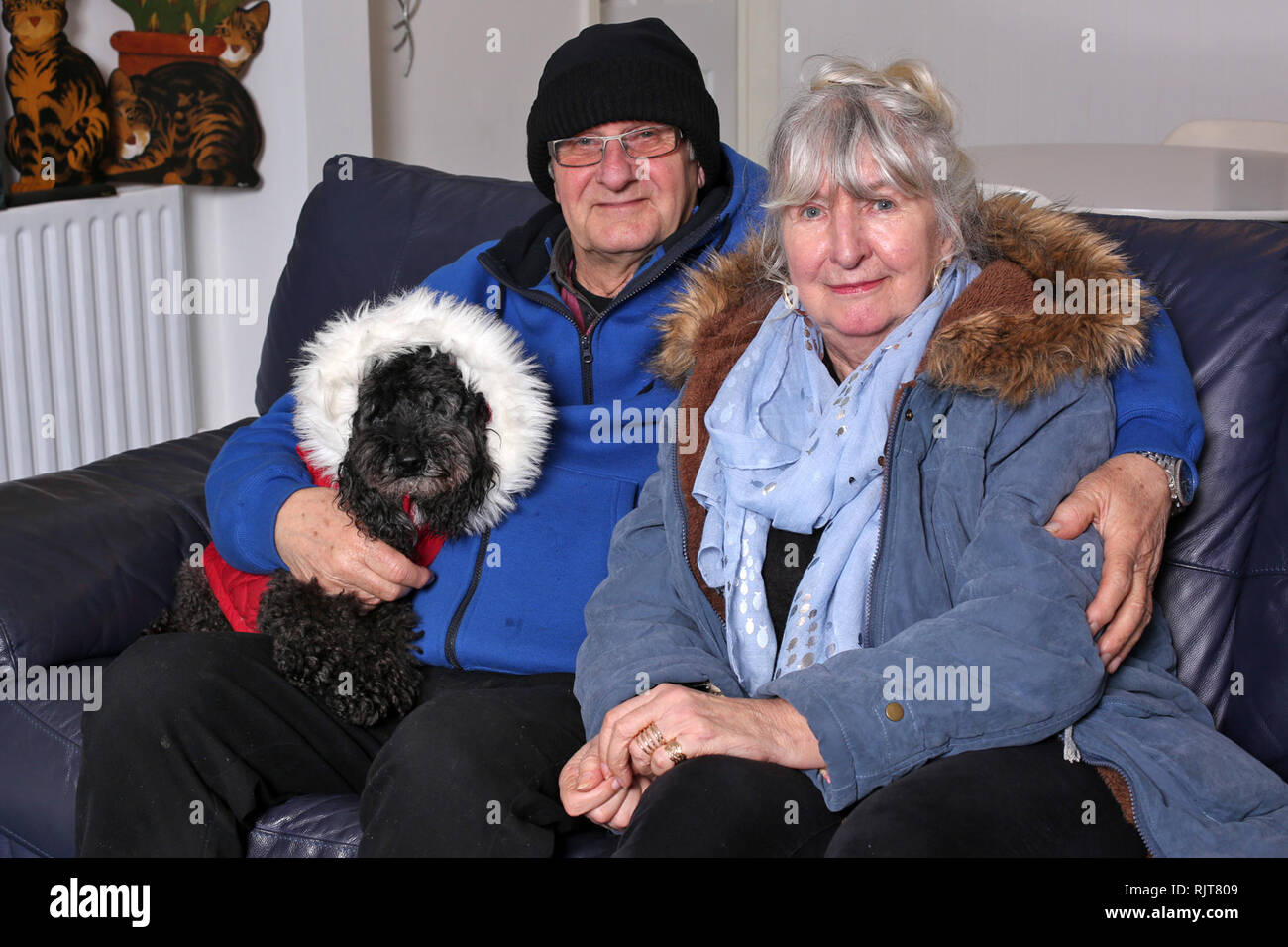 Yelland, Devon, UK. 8th Feb 2019 A defiant couple have saved themselves £15,000 by refusing to use their central heating - for the last ten years. And Joanne and Jim Bell say they've adapted so well neither of them has been ill in that time. Despite freezing British winters the couple of Yelland, Devon have no intention of quitting. Wildlife lover Mrs Bell said the move was originally made in protest at the proliferation of wind farms. Credit: Apex/Alamy Live News Stock Photo