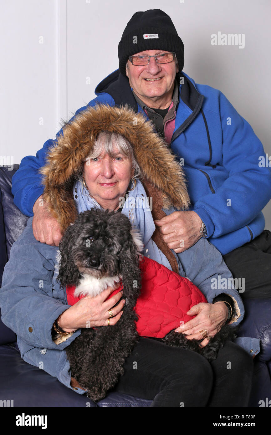 Yelland, Devon, UK. 8th Feb 2019 A defiant couple have saved themselves £15,000 by refusing to use their central heating - for the last ten years. And Joanne and Jim Bell say they've adapted so well neither of them has been ill in that time. Despite freezing British winters the couple of Yelland, Devon have no intention of quitting. Wildlife lover Mrs Bell said the move was originally made in protest at the proliferation of wind farms. Credit: Apex/Alamy Live News Stock Photo