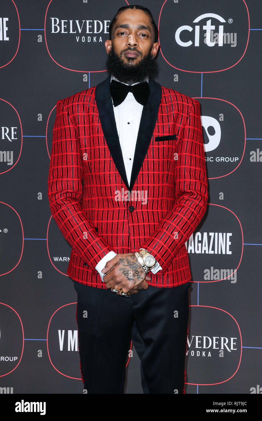 LOS ANGELES, CA, USA - FEBRUARY 07: Rapper Nipsey Hussle arrives at the Warner Music Pre-Grammy Party 2019 held at The NoMad Hotel Los Angeles on February 7, 2019 in Los Angeles, California, United States. (Photo by Xavier Collin/Image Press Agency) Stock Photo