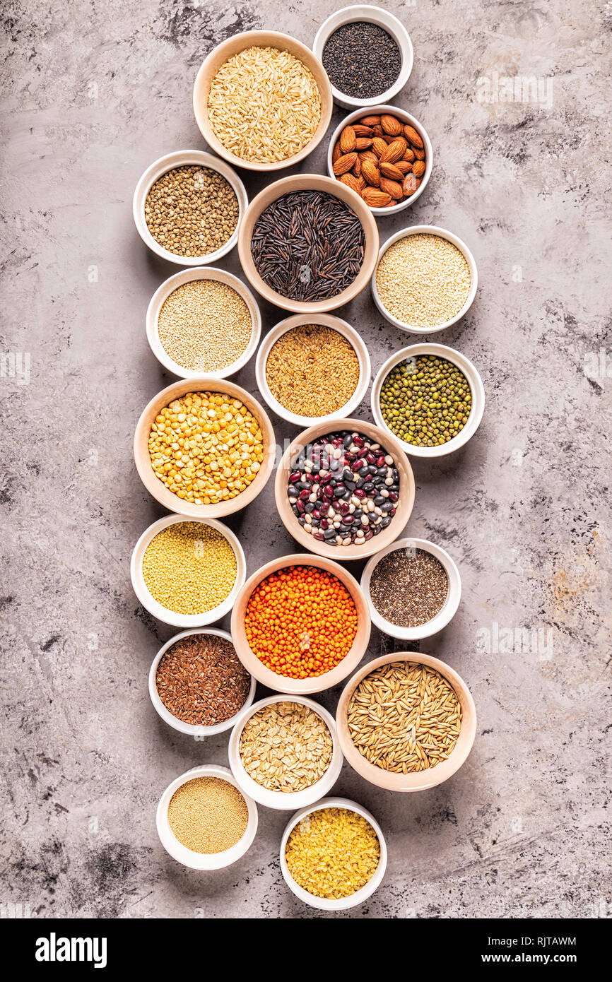 Set of different superfoods whole grains, beans and legumes, seeds and