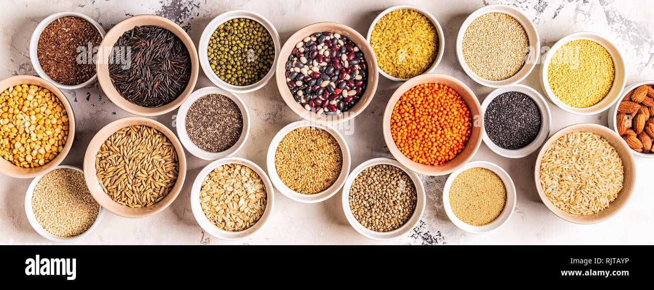 Set of different superfoods whole grains, beans and legumes, seeds and