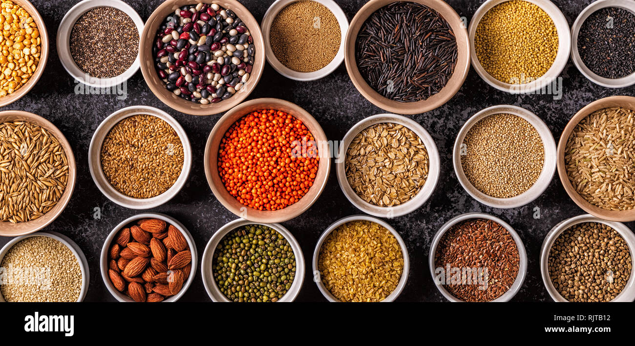 Set of different superfoods whole grains, beans and legumes, seeds and