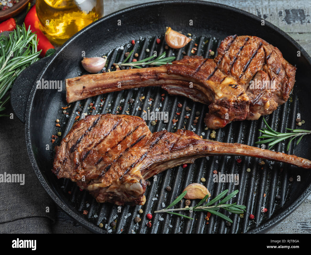 grilled lamb veal ribs loin on the grill pan, spices , chops Stock Photo