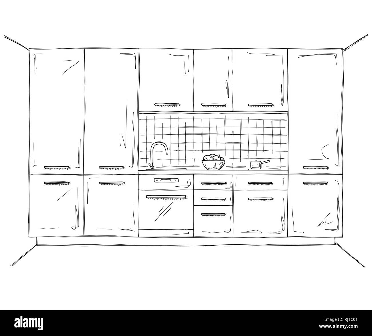 Hand drawn kitchen furniture. Vector illustration in sketch style. Stock Vector